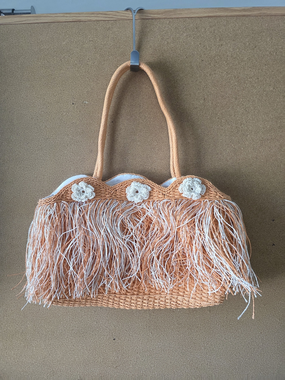 Boho Woven Straw Tote Bag with Fringe & Crochet Flowers Beach Bag Vacation 10x17